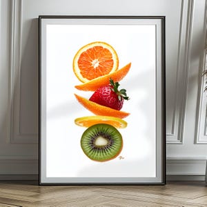 Art poster &quot;Orange, Strawberry, Kiwi&quot;. Kitchen poster on Premium Matte Paper ideal for framing. Kitchen wall decoration.