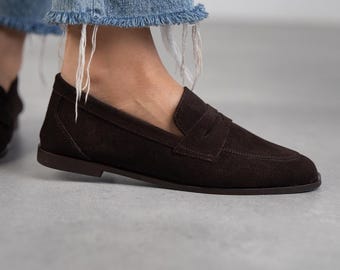 Dark Brown Suede Loafers: Handmade Leather-Lined Derby Shoes