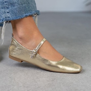 Gold Genuine Leather Ballet Flats: Women&#39;s Loafers