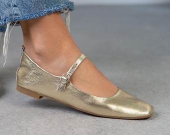 Gold Genuine Leather Woman Flat Shoes, Woman Loafer,Ballet flats,Flat Shoes, Office Shoes,Casual loafers, flat heel, Wish