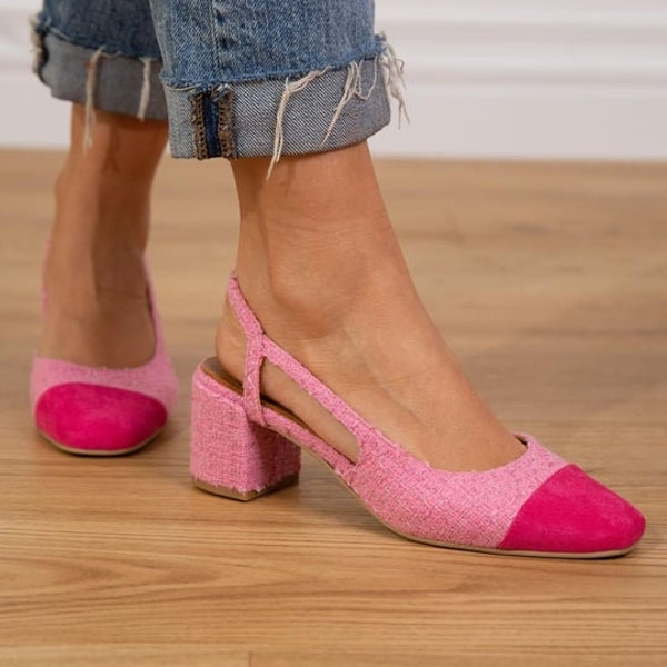 Pink Tweed Fabric,two tone elegance pumps,round toe slingback,closed toe slingback,block heel,luxury pumps,woman shoes,woman flats,Nella