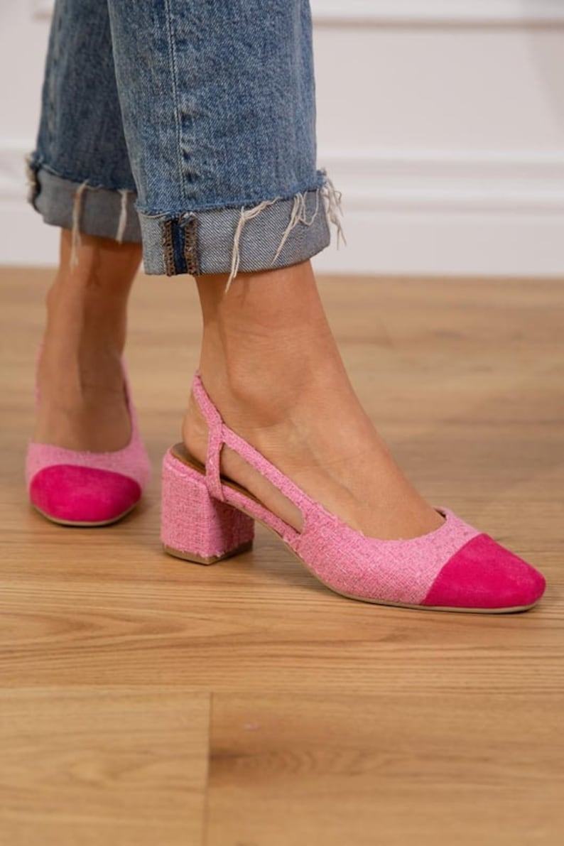 Pink Tweed Fabric,two tone elegance pumps,round toe slingback,closed toe slingback,block heel,luxury pumps,woman shoes,woman flats,Nella Pink Fabric