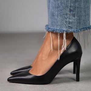 Black Genuine Leather High Heels Sandals, Point Toe,Work pumps,stiletto,ankle strap heels, evening sandals,Lara