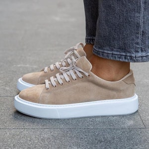 Beige Genuine Suede Woman Sneakers,sport shoes,sport sneakers, Handmade Shoes,Derby Shoes, Office Shoes,Casual Sneakers, Casual Shoes, Way