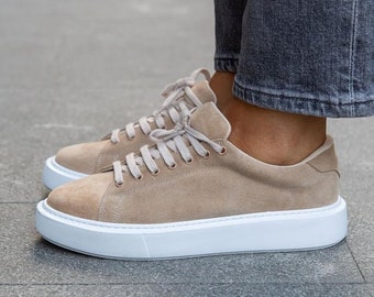 Beige Genuine Suede Woman Sneakers,sport shoes,sport sneakers, Handmade Shoes,Derby Shoes, Office Shoes,Casual Sneakers, Casual Shoes, Way