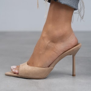 Beige Genuine Suede Leather Woman High Heels Slippers, woman slippers,open toe sandals,slippers,casual shoes,summer shoes,Carmen