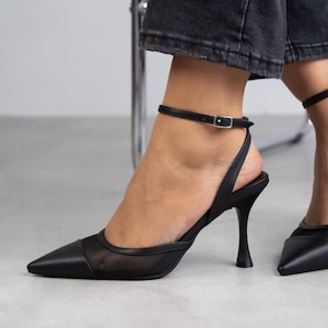 Black Vegan Leather High Heels Sandals,transparent tulle,open toe sandal,ankle strap heels,herringbone pattern, evening sandals, Fiona