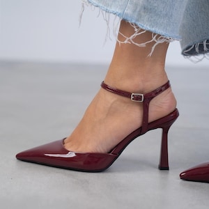 Burgundy Patent Leather,Vegan Leather,High Heels Sandals,Handmade Shoes,point toe sandal,ankle strap heels, evening sandals,stilletto,Jenny