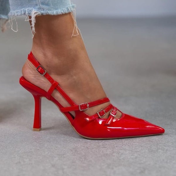 Red Patent Leather High Heels shoes,patent leather,pointed toe shoes,Slingback Closed Toe,Ankle Strap Heels,Stiletto,evening shoe,Fancy