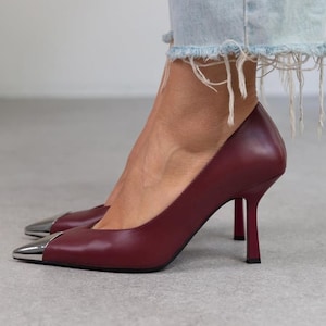 Black Patent Leather High Heels Sandals,Handmade Shoes,work pumps,ankle strap heels,pointed toe shoes,evening sandals,metal toe shoes,Rock Bordeaux