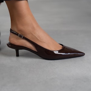 Brown Patent Vegan Leather Slingback Shoes: Low Heel Pointed Toe