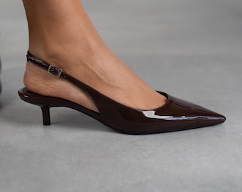Brown Patent Vegan Leather Slingback Shoes: Low Heel Pointed Toe