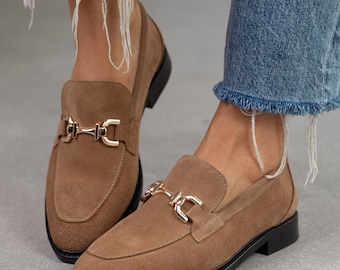 Handmade Brown Suede Loafers: Women's Derby Office Shoes