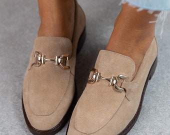 Handmade Beige Suede Loafers: Women's Leather-Lined Derby Shoes
