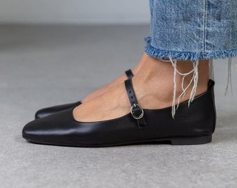 Zwarte ballerina's van echt leer: loaferschoenen voor dames