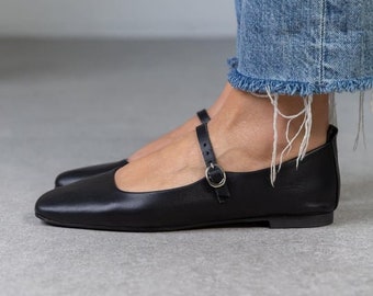 Black Genuine Leather Woman Flat Shoes, Woman Loafer,ballet flats,Flat Shoes, Office Shoes,Casual loafers, flat heel, Wish