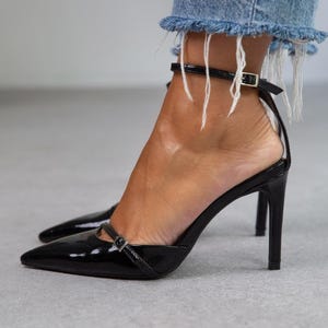 Black Patent Leather High Heels shoes,patent leather,pointed toe shoes,Slingback Closed Toe,Ankle Strap Heels,evening shoe,Ankle tie,Blair