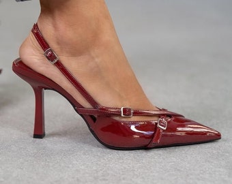 Bordeaux Patent Leather High Heels shoes,patent leather,pointed toe shoes,Slingback Closed Toe,Ankle Strap Heels,Stiletto,evening shoes, Mia