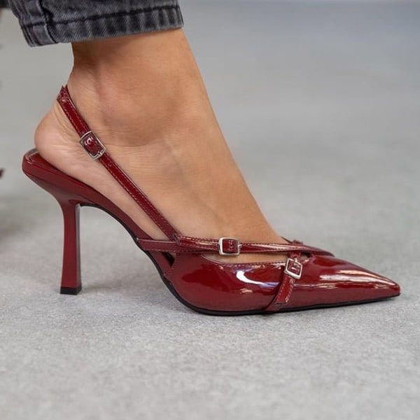 Bordeaux Patent Leather High Heels shoes,patent leather,pointed toe shoes,Slingback Closed Toe,Ankle Strap Heels,Stiletto,evening shoes, Mia