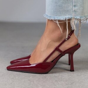 Bordeaux Patent Leather Heels: Handmade Point Toe Ankle Strap Sandals