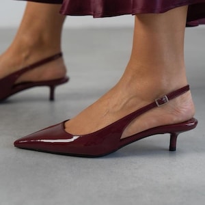 Burgundy Patent Vegan Leather Slingback Shoes: Low Heel Pointed Toe