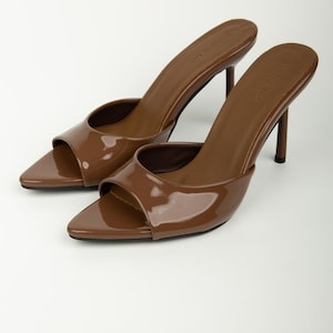 Chocolate Patent Leather High Heel Slippers: Open Toe Sandals