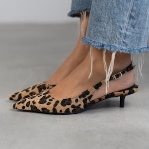 Leopard Vegan Faux leather,Low Heels Shoes,vegan leather,pointed toe shoes,Slingback Closed Toe,Ankle strap shoes,Evening sandals,Aura