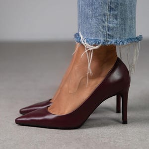 Burgundy Genuine Leather High Heels Sandals, Point Toe,Work pumps,stiletto,ankle strap heels, evening sandals,Lara