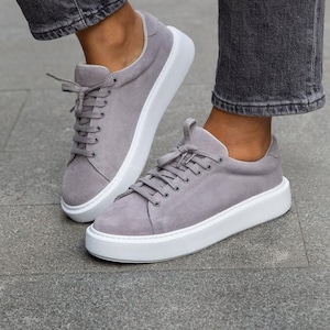 Black Genuine Leather Woman Sneakers,sport shoes,sport sneakers, Handmade Shoes,Derby Shoes, Office Shoes,Casual Sneakers, Casual Shoes, Way Gray Suede