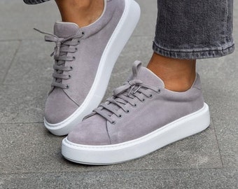 Gray Genuine Suede Woman Sneakers,sport shoes,sport sneakers, Handmade Shoes,Derby Shoes, Office Shoes,Casual Sneakers, Casual Shoes, Way