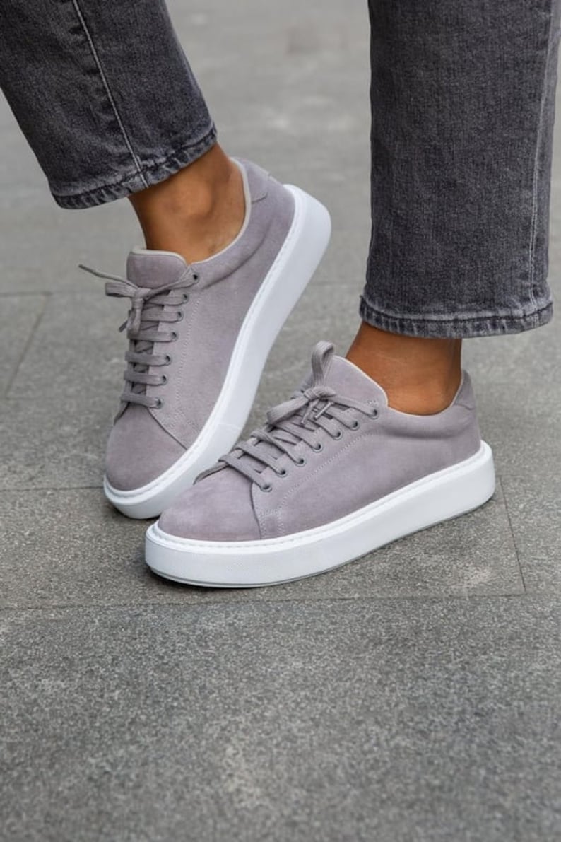 Black Genuine Leather Woman Sneakers,sport shoes,sport sneakers, Handmade Shoes,Derby Shoes, Office Shoes,Casual Sneakers, Casual Shoes, Way Gray Suede