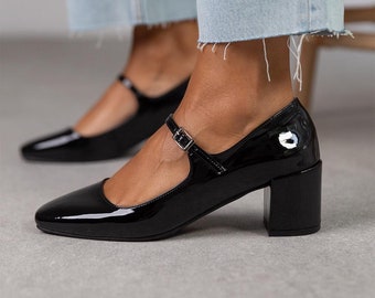 Black Patent Leather Woman pumps,hanndmade Shoes,patent pumps,closed toe,block heel woman shoes,elegance pump,polish calfskin,Dolice