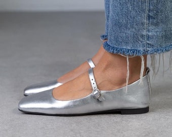 Silver Genuine Leather Woman Flat Shoes, Woman Loafer,ballet flats,Flat Shoes, Office Shoes,Casual loafers, flat heel, Wish