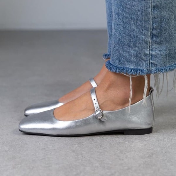 Silver Genuine Leather Woman Flat Shoes, Woman Loafer,ballet flats,Flat Shoes, Office Shoes,Casual loafers, flat heel, Wish