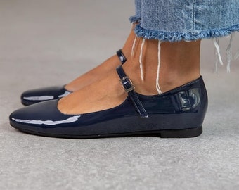 Navy Blue Vegan Patent Leather Woman Flat Shoes, Woman Loafer, Ballet Flats, Flat Shoes, Office Shoes,Casual loafers, flat heel, Lillie