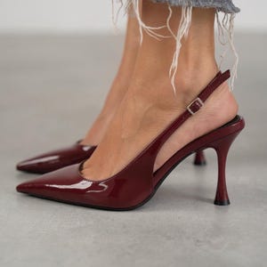 Burgundy Patent Leather High Heels Sandals,Handmade Shoes,point toe sandal,ankle strap heels,herringbone pattern, evening sandals,Miss