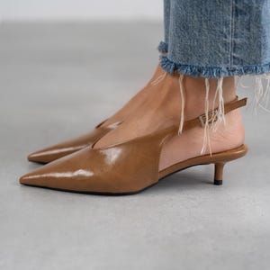 Tan Vegan Leather Slingback Heels: Pointed Toe Evening Shoes