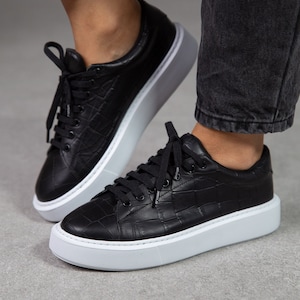 Black Genuine Leather Woman Sneakers,sport shoes,sport sneakers, Handmade Shoes,Derby Shoes, Office Shoes,Casual Sneakers, Casual Shoes, Way Black Crocodile