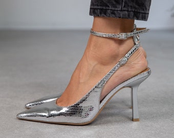 Silver Vegan Leather Snake Design High Heels shoes,patent leather, Ankle tied shoes,Slingback shoes,Ankle Strap Heels,evening shoe,Lena