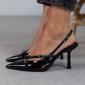Black Patent Leather High Heels shoes,patent leather,pointed toe shoes,Slingback Closed Toe,Ankle strap heels,stiletto,evening sandals, Mia