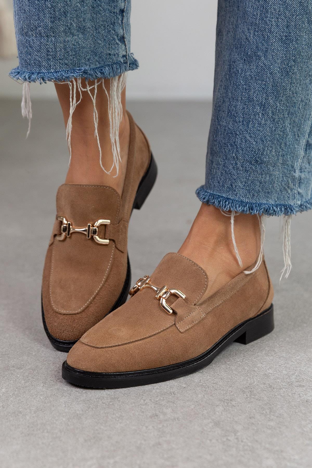 Beige Genuine Suede Woman Loafers, Trok Accessory Loafers