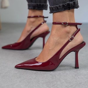 Burgundy Vegan Patent Leather Heels: Handmade Point Toe Ankle Strap Sandals