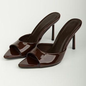Brown Patent Leather High Heel Slippers - Open Toe Sandals