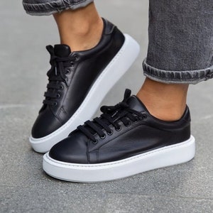 Black Genuine Leather Woman Sneakers,sport shoes,sport sneakers, Handmade Shoes,Derby Shoes, Office Shoes,Casual Sneakers, Casual Shoes, Way Black