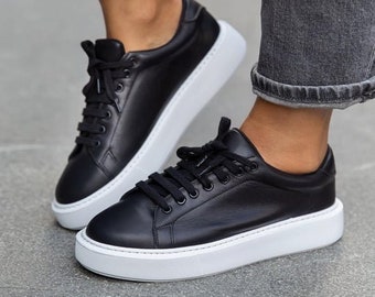 Black Genuine Leather Sneakers: Handmade Women's Derby Shoes