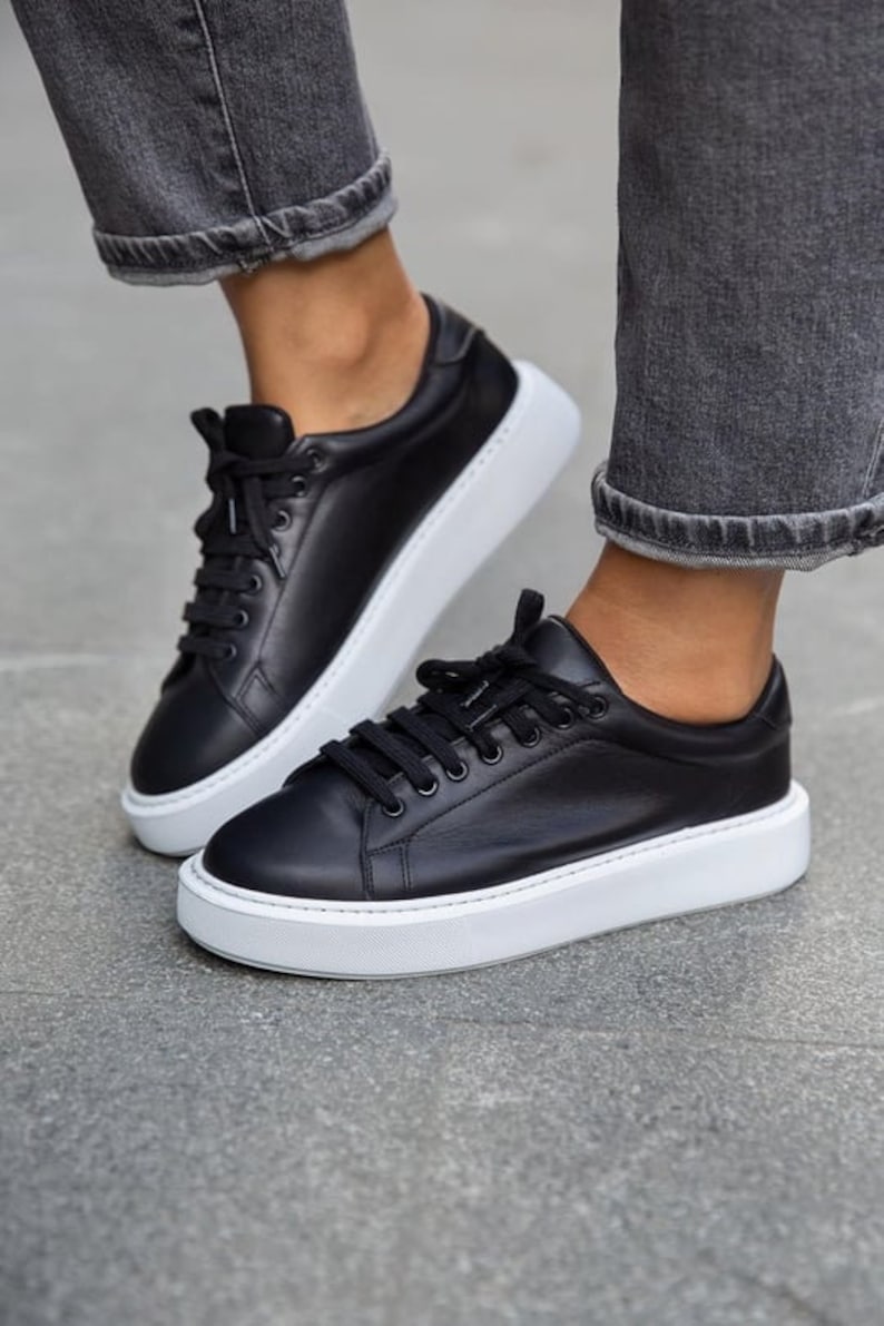 Black Genuine Leather Woman Sneakers,sport shoes,sport sneakers, Handmade Shoes,Derby Shoes, Office Shoes,Casual Sneakers, Casual Shoes, Way Black