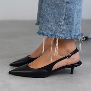 Black Vegan Faux leather,Low Heels Shoes,vegan leather,pointed toe shoes,Slingback Closed Toe,Ankle strap shoes,Evening shoes,Aura
