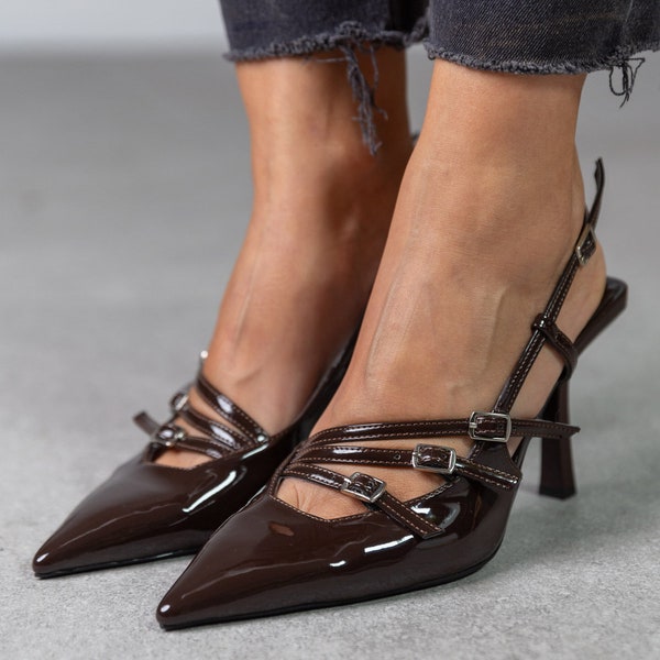 Brown Patent Leather High Heels shoes,patent leather,pointed toe shoes,Slingback Closed Toe,Ankle Strap Heels,Stiletto,evening shoe,Fancy