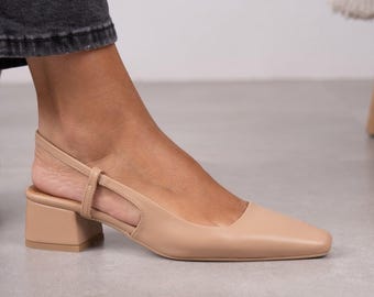 Huidskleur slingback pumps: blokhak, voering van kunstleer (4 cm)