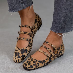 Chaussures plates pour femme en tissu léopard, mocassins pour femme, chaussures faites main, chaussures plates, chaussures de bureau, mocassins décontractés, talon plat, Mindy image 1